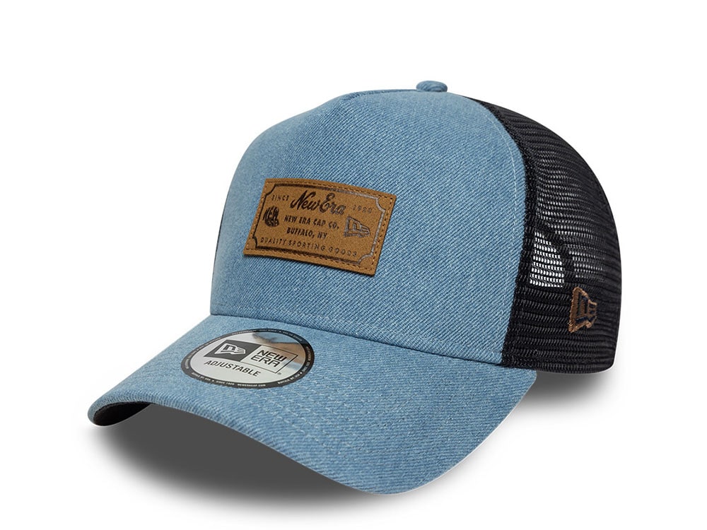 New Era Navy Denim Leather Patch 9Forty A Frame Trucker Snapback Hat