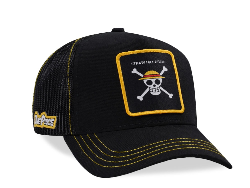 Capslab One Piece Straw Hat Crew Flag Black Trucker Snapback Hat