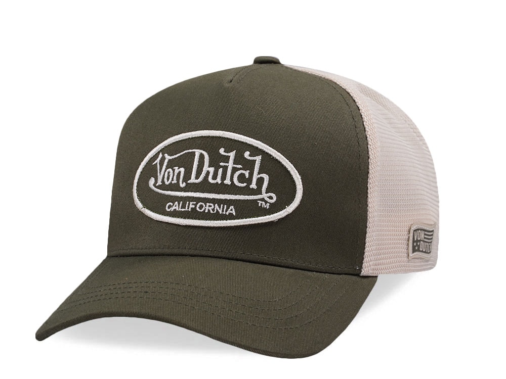 Von Dutch Embroidered Oval Patch Olive Trucker Strapback Hat