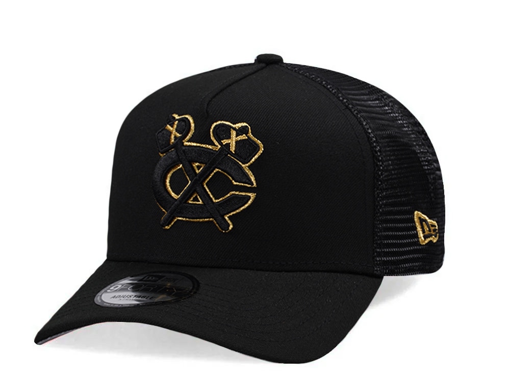 New Era Chicago Blackhawks Metallic Gold Black Edition 9Forty A Frame Trucker Snapback Hat