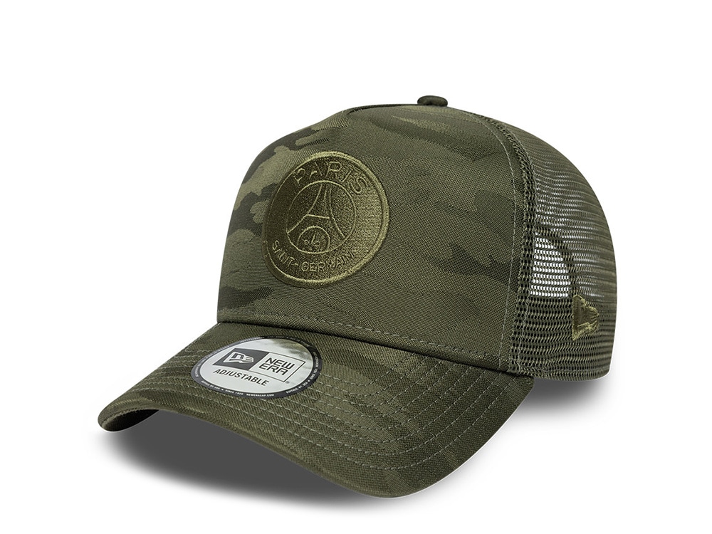 New Era Paris Saint Germain Green Tonal Camouflage Prime Edition 9Forty A Frame Trucker Snapback Hat