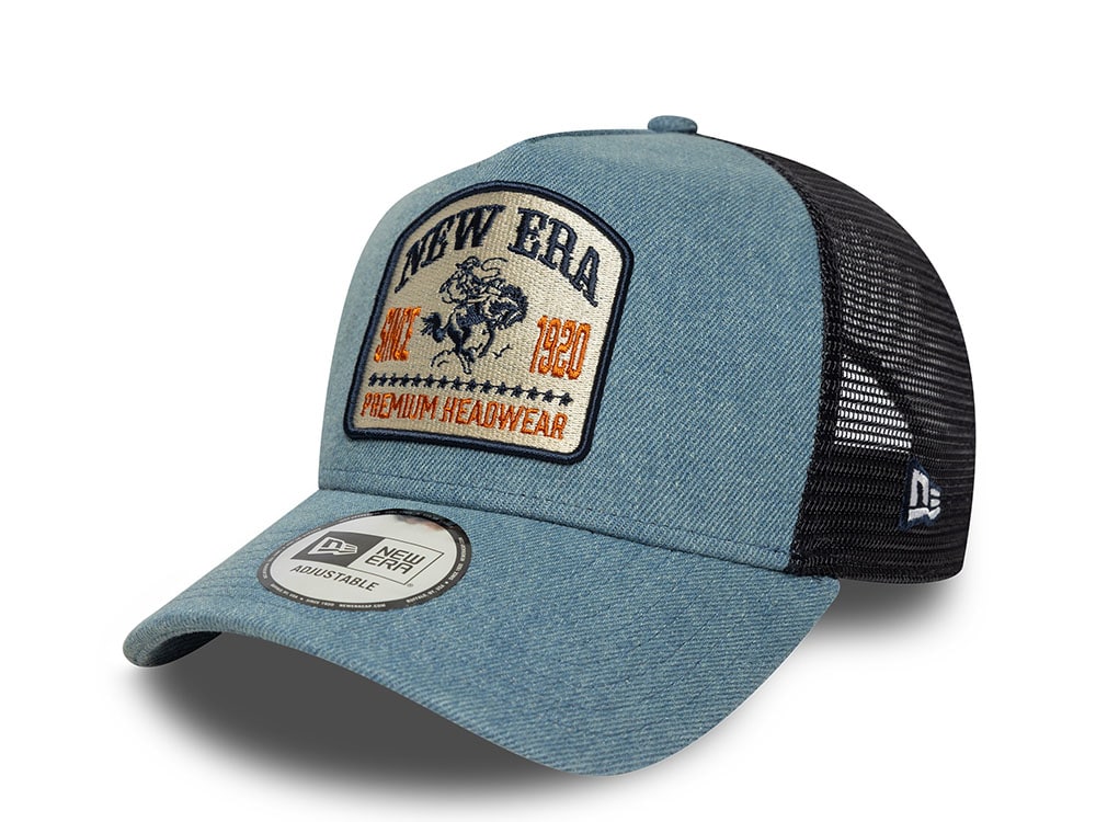 New Era Denim Patch Sky Blue 9Forty A Frame Trucker Snapback Hat