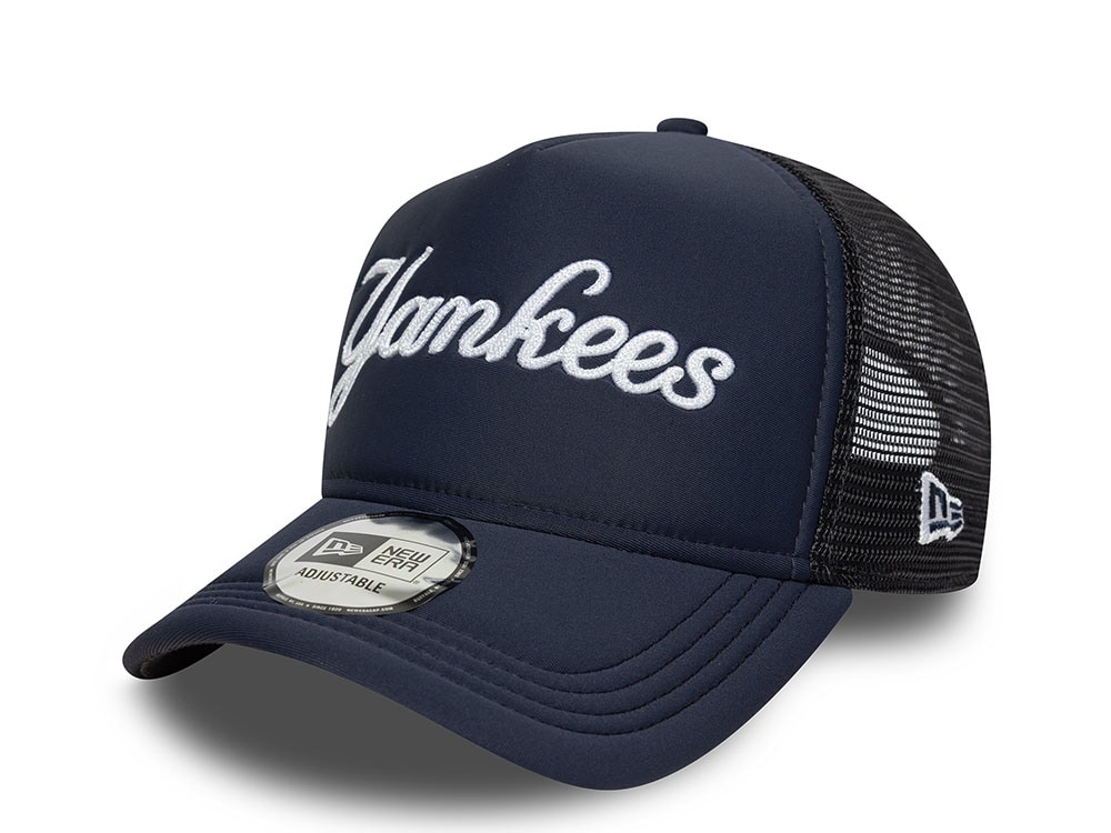 New Era New York Yankees Script Navy 9Forty A Frame Trucker Snapback Hat