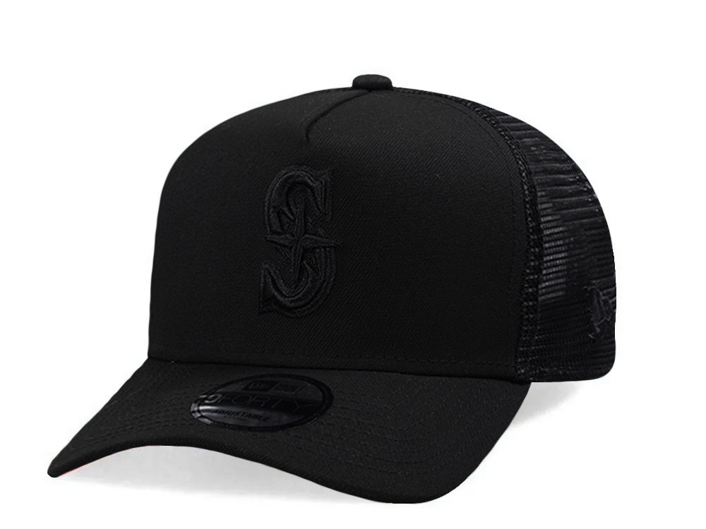 New Era Seattle Mariners Black On Black Edition 9Forty A Frame Trucker Snapback Hat