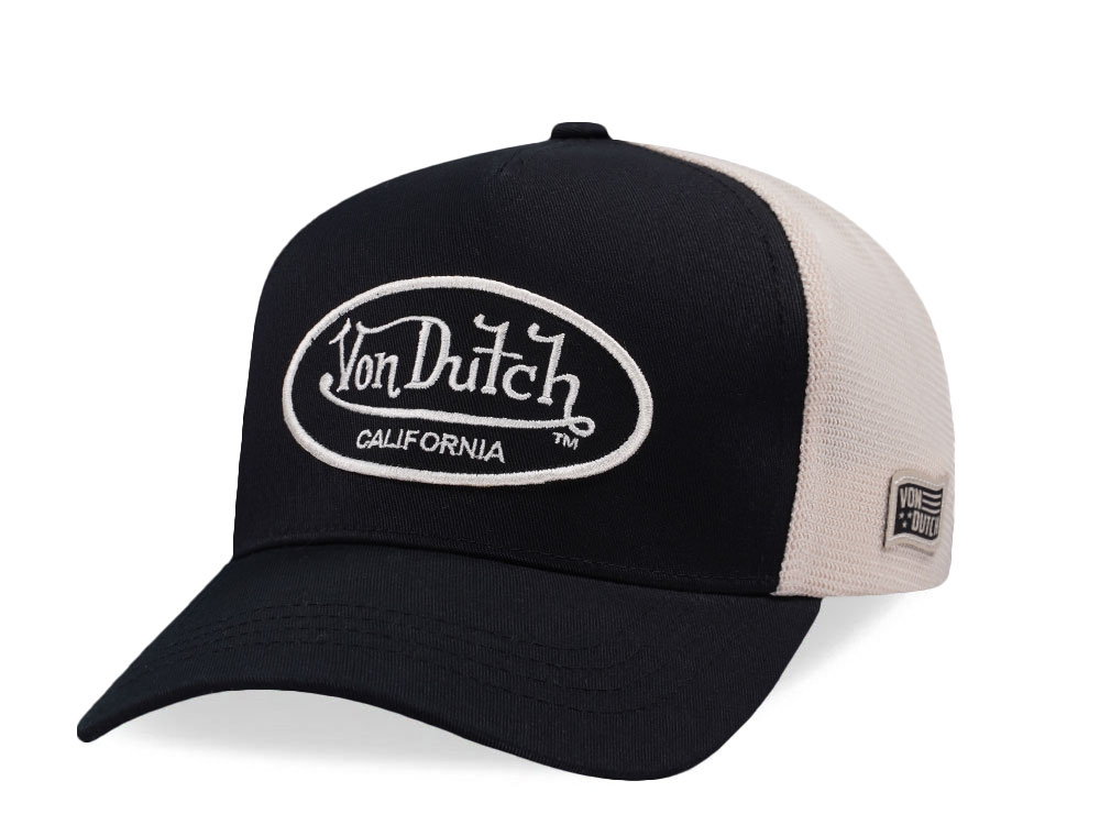 Von Dutch Embroidered Oval Patch Black Trucker Strapback Hat