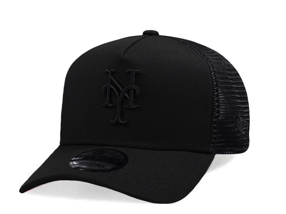 New Era New York Mets Black On Black Edition 9Forty A Frame Trucker Snapback Hat
