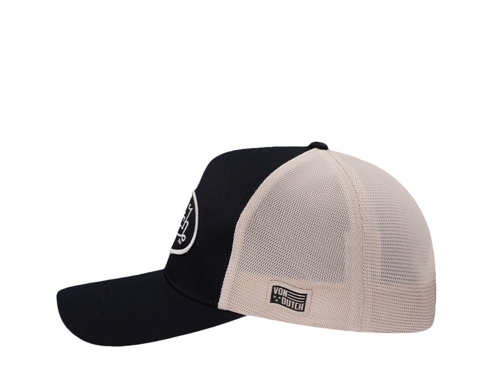 Von Dutch Embroidered Oval Patch Black Trucker Strapback Hat