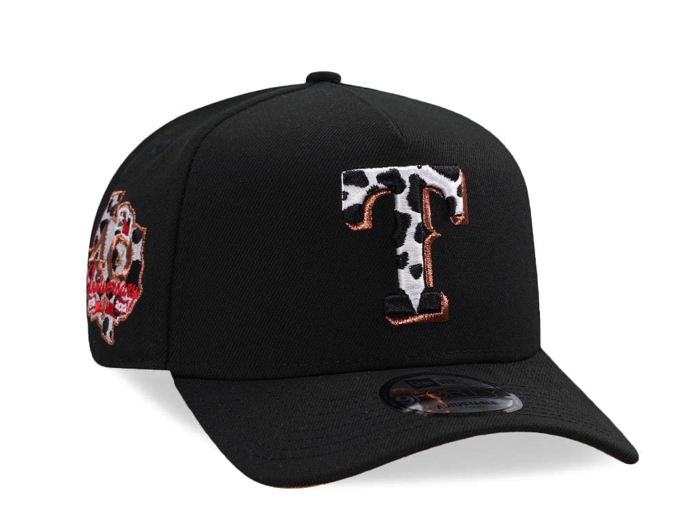 New Era Texas Rangers 40th Anniversary Cow Black Prime Edition 9Forty A Frame Snapback Hat