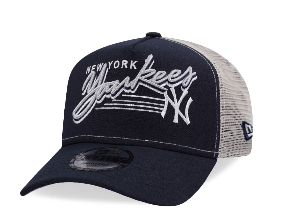 New Era New York Yankees Vintage Script Navy Trucker Edition 9Forty A Frame Snapback Hat