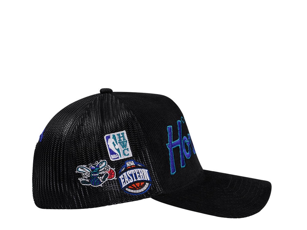 Mitchell & Ness Charlotte Hornets Times up Black Cord Hardwood Classic Trucker Snapback Hat