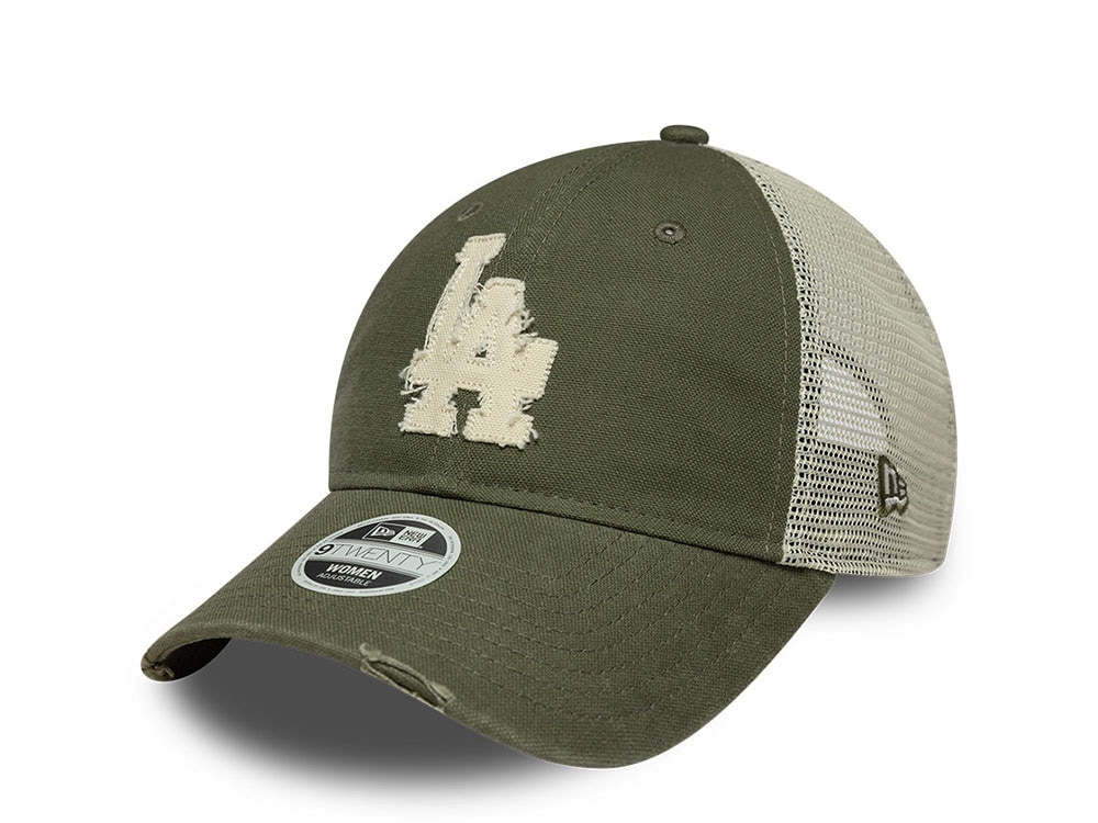 New Era Los Angeles Dodgers Distressed Olive Edition 9Twenty Womens Trucker Strapback Hat