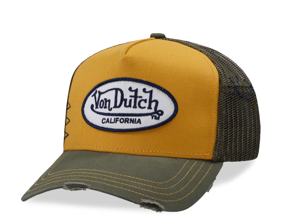 Von Dutch Distressed Oval Patch Yellow Trucker Snapback Hat
