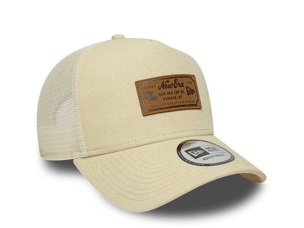 New Era Beige Denim Leather Patch 9Forty A Frame Trucker Snapback Hat