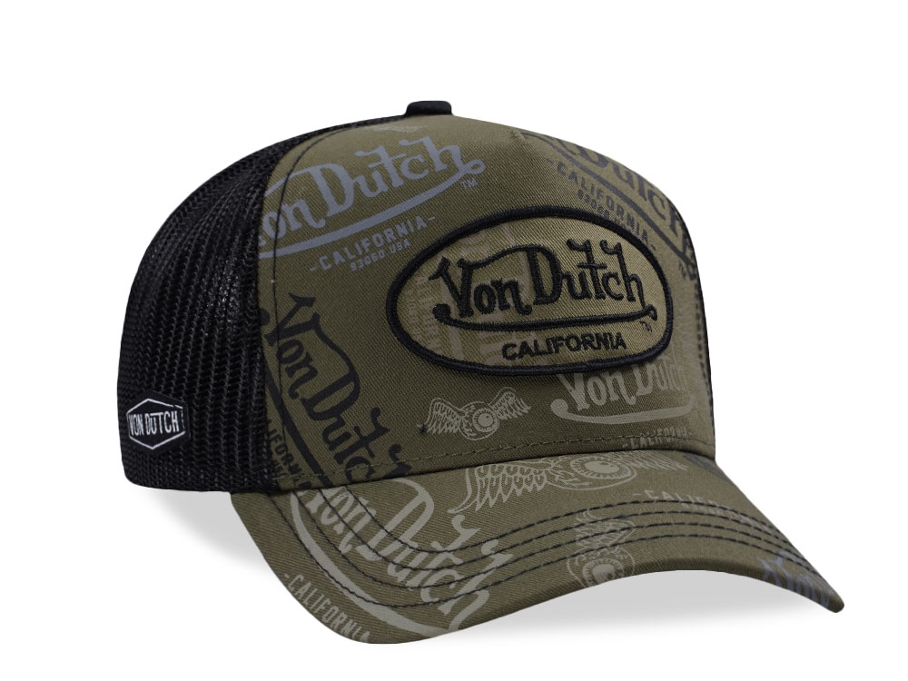 Von Dutch Oval Patch Multilogo Olive  Trucker Snapback Hat