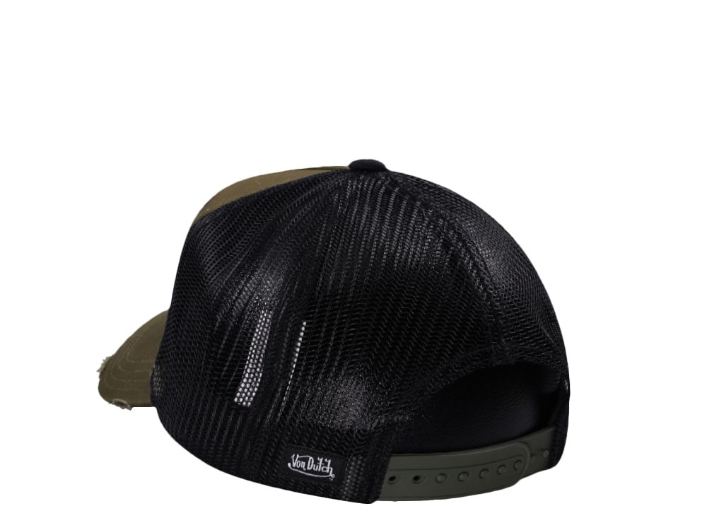 Von Dutch Square Patch Distressed Olive Trucker Snapback Hat